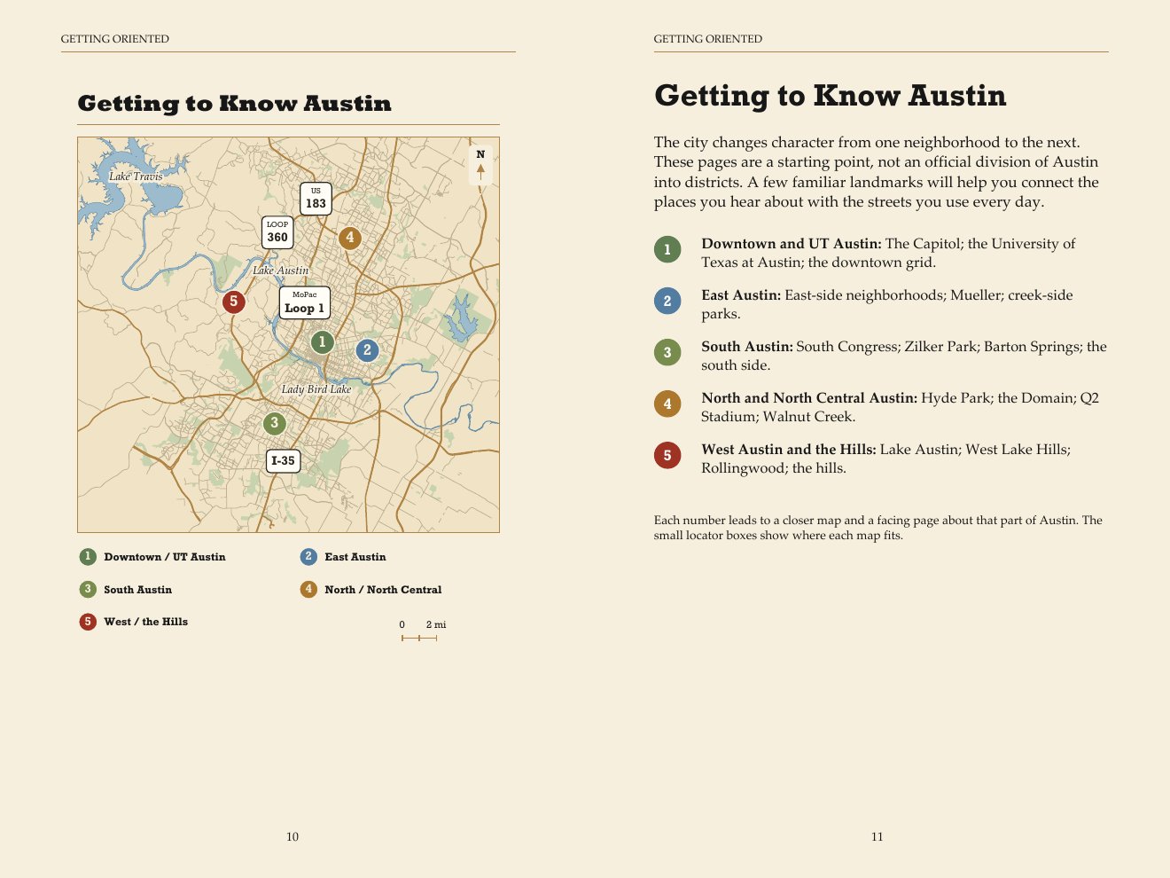 Two-page spread: Getting to Know Austin, a city map with five numbered areas and a facing page describing each one.