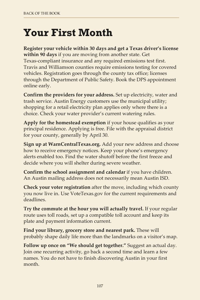 Sample page: Your First Month, a checklist of things to do after moving to Austin.