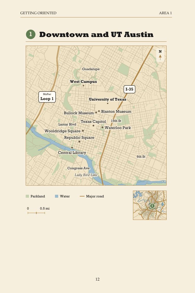 Sample page: Downtown and UT Austin, a closer map of the area with landmarks marked.