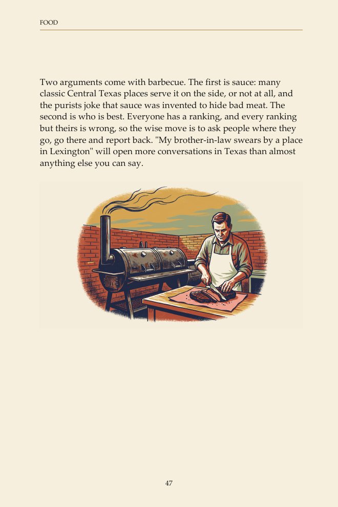 Sample page: Barbecue, with an illustration of a pitmaster slicing brisket at an offset smoker.