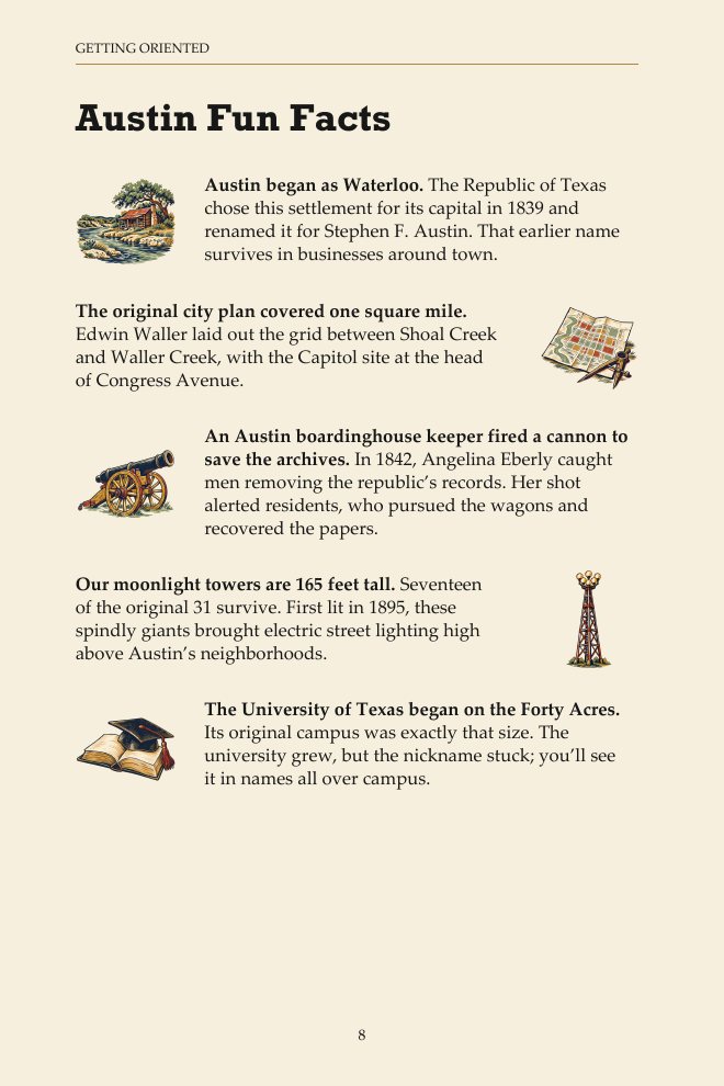 Sample page: Austin Fun Facts, short facts with spot illustrations of a moonlight tower, the Capitol and a guitar.